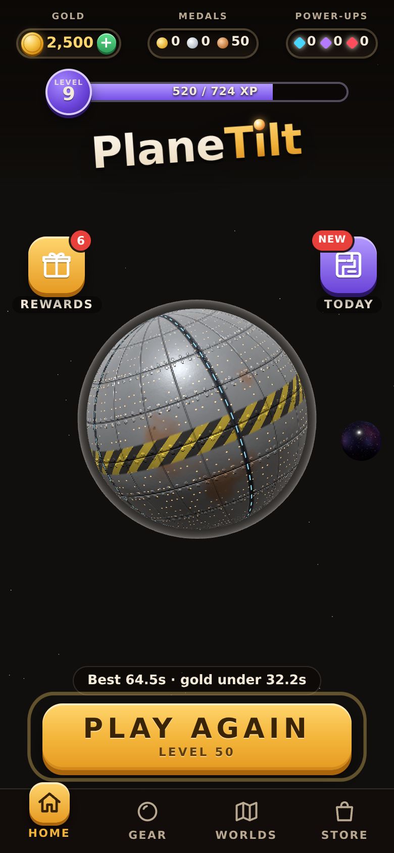 The home screen with medals, player level and the PLAY button