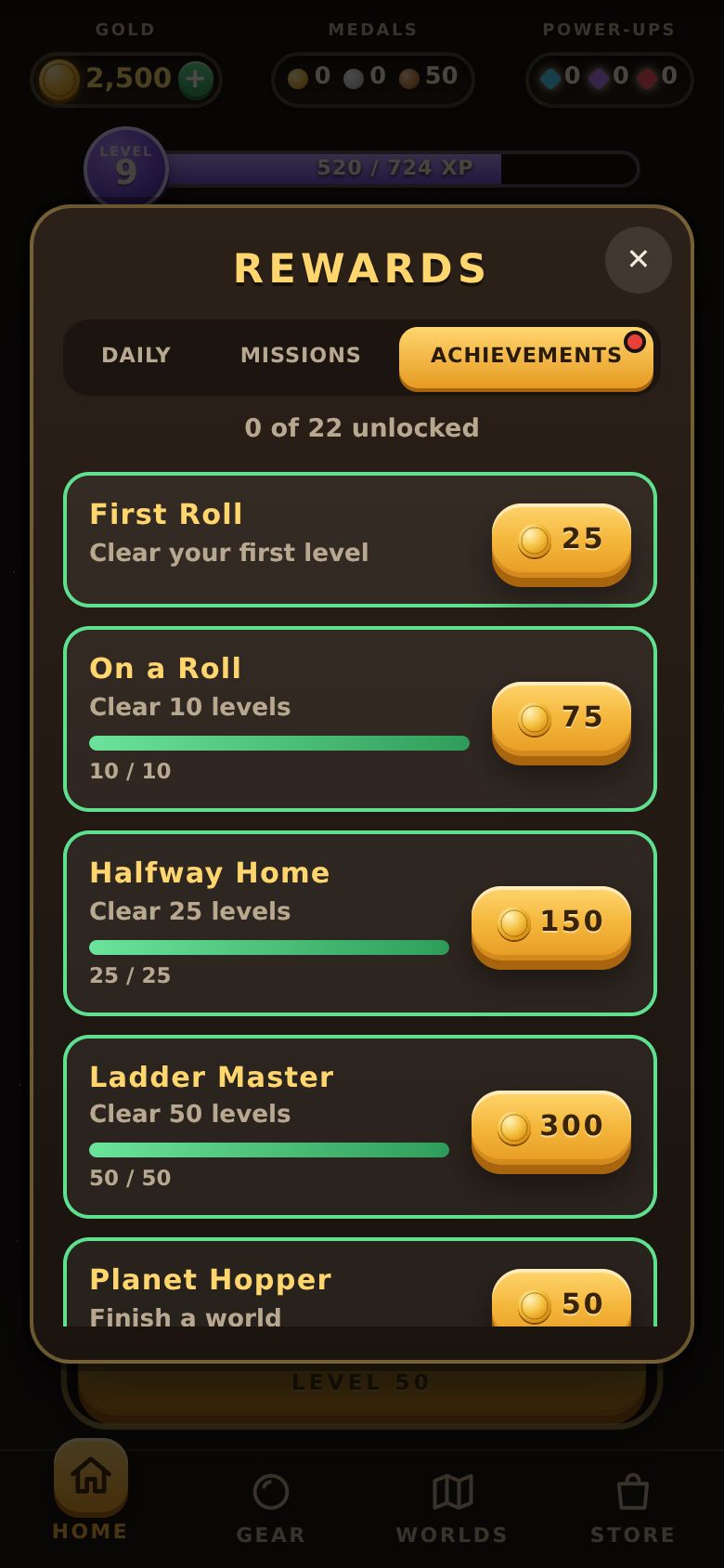 The Rewards panel open on Achievements